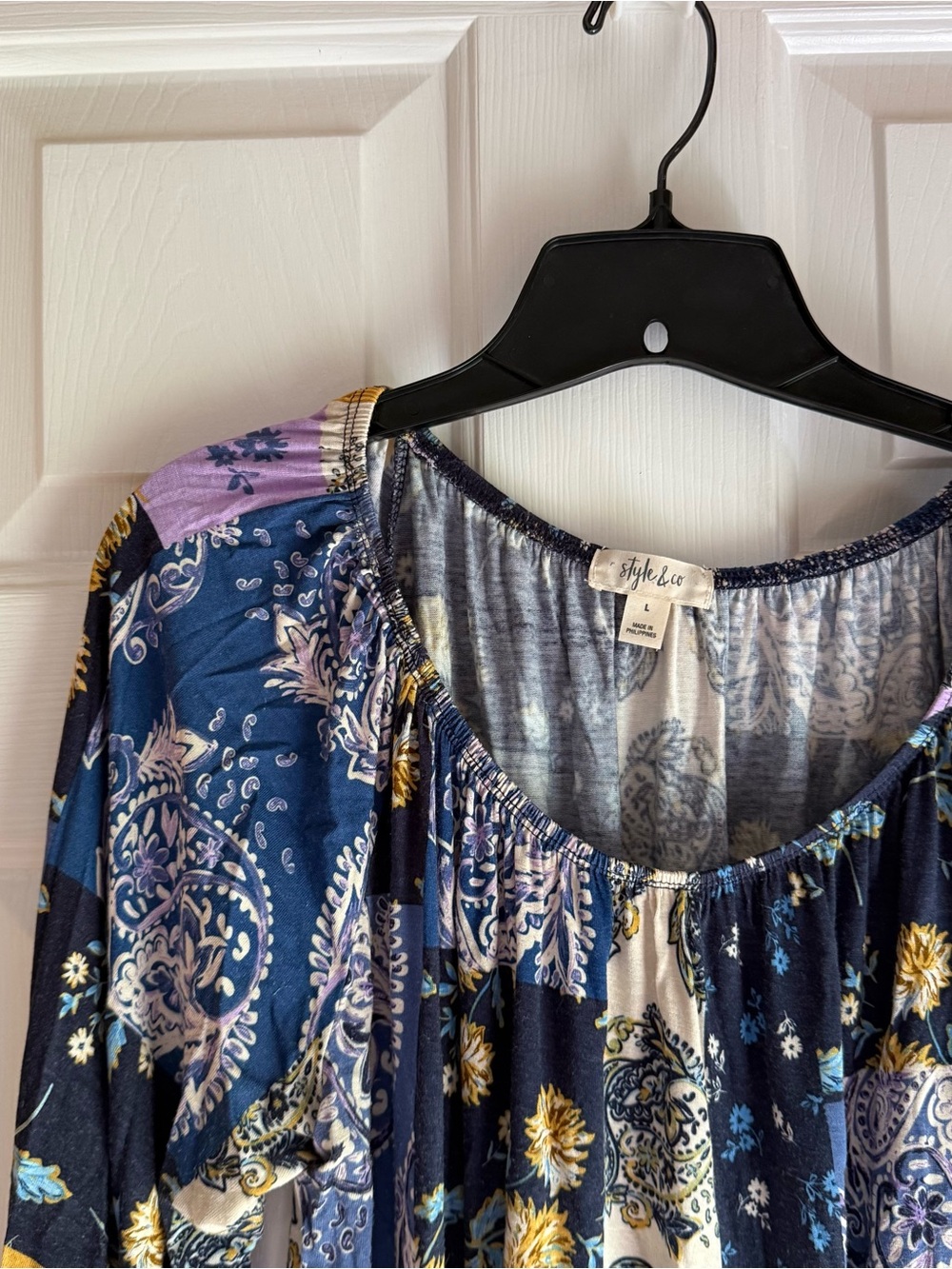 Style & Co. Off-The-Shoulder Flounce Printed Blouse Blue Size L